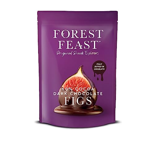 Forest Feast Belgian Dark Chocolate Mountain Figs 140g Bag - Luxury Chocolate Coated Fig Snack - 60% Belgian Dark Chocolate- Vegan, Gluten Free, Palm Oil Free