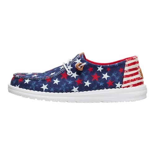 HEYDUDE Womens Wendy Americana Stars Slip On Shoe Multi Stars Size 7 | Patriotic Lightweight Travel Loafer with Elastic Laces