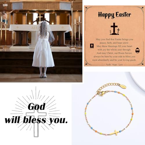 Image of Christian Cross Bracelets for Girls Women, Easter Basket Stuffers | Baptism Confirmation First Communion Gifts for Teen Girls
