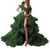 KIYNE Abiti premaman da donna per servizio fotografico con spalle scoperte in tulle lingerie lunga abito da gravidanza per baby shower, Verde smeraldo, 62 Più