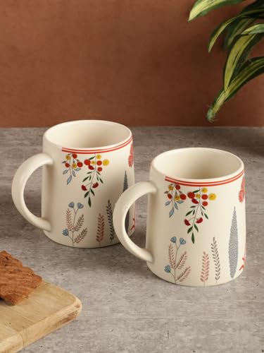 Image of miah decor Ceramic Tea Cups Set of 2 - White Red | Handcrafted Stoneware Matte Floral Finish | Microwave & Dishwasher Safe Coffee Cups & Mugs for Home, Office & Gifting - Every Occasion | 300ml