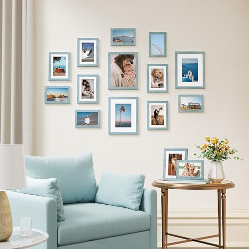 Image of Vittanly 15 Pack Picture Frames Collage Wall Decor for Mounting or Tabletop Display, Gallery Frame Set for Family, Multi Sizes Including 3pcs 8x10, 6pcs 5x7, 6pcs 4x6, Rustic Blue