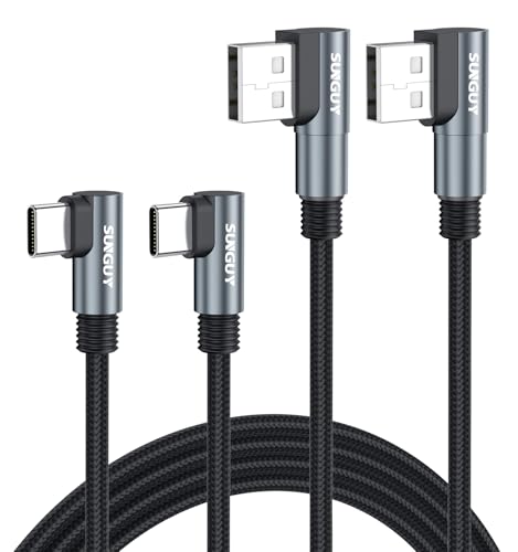 SUNGUY Right Angle USB C Cable 6FT, 2Pack 90 Degree USB A to USB C Cable for Gaming, Switch, Tight Spaces, Type C Fast Charging Cable Braided for iPhone 17/16/15, Samsung Galaxy S26/S25/S24