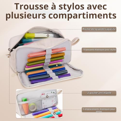 Byitin Trousse Crayons Velours, Trousse 3 Compartiments, Grande Capacité Sac de Papeterie Organisateur, Portable Pencil Case pour Fille, Garçon et Adolescent, Beige – vue 5