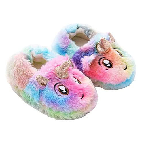 1 Pair Rainbow Kids Girls Plush Slippers Toddler Cute Animal Soft Warm Winter Slip On House Slippers Children Cozy Indoor Outdoor Home Slippers with Non-Skid Sole for 1-6 Years Girls Gift