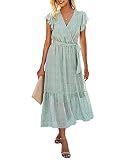 BTFBM Women Summer Bohemian Floral Casual Wrap V Neck Ruffle Cap Sleeveless Belt A-Line Pleated Hem