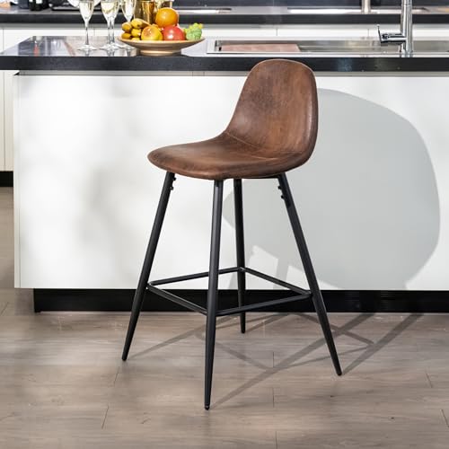 39F FURNITURE DREAM Set of 2 Industrial Style Bar Stools Suede Fabric Seat and Black Metal Legs Seat Height 66cm, Brown, 50x47.5x91.5cm