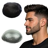 NLW Peluca para hombres de 0.04mm Piel delgada de cuero de la PU V-Loop Nudos Pelucas Natural Europea Real Base de pelo humano 8 * 10 pulgadas Estilo libre Densidad media 110%(1B negro natural)