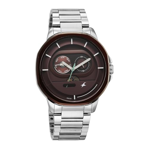 Image of Fastrack Street Opulence Sun Moon Multifunction Quartz Analog with Maroon Dial Silver Stainless Steel Metal Strap Watch for Men - 3303KM05