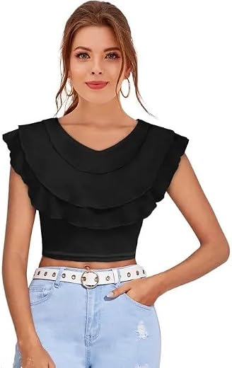 Freydis Women's White Ruffle Crop Top, V-Neck, Cap Sleeves,