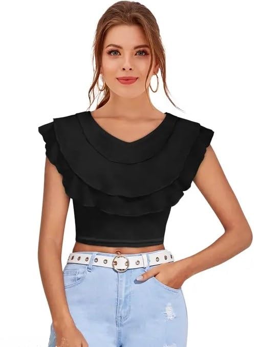 Freydis Women's White Ruffle Crop Top, V-Neck, Cap Sleeves,