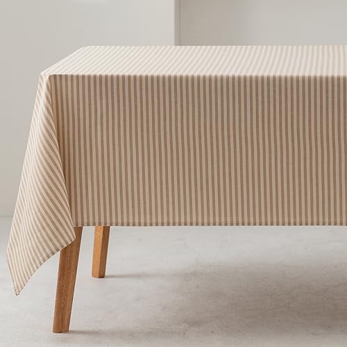 GAMUSI Mantel Antimanchas Rectangular Rayas Finas Beige Impermeable Tacto Tela 100% algodón Lavable Interior y Exterior 140x300 cm