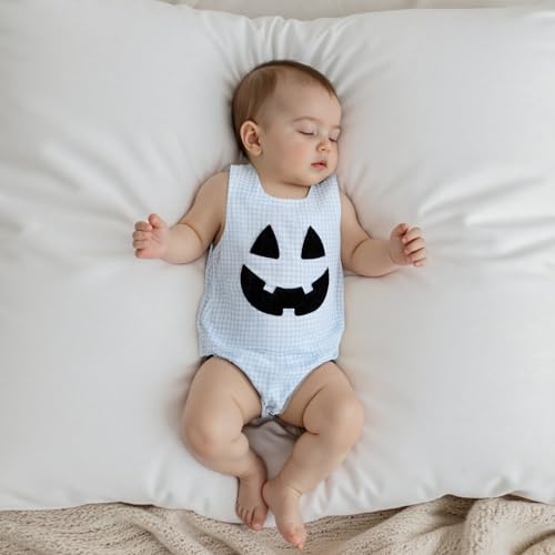 Infant Boys Pumpkin Romper Overalls Fall Bubble Rompers Sleeveless Gingham Bodysuit Newborn Baby Halloween Clothes3