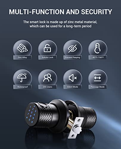 Fingerprint Entry Door Lock, Biometric Door Knob, Combination Door Handle, 255 Users, Anti-Pry Code, 4 Unlocking Ways (Key/Code/Fingerprint/App), Zinc Alloy, For Home, Hotel, Office, Apartments #TOP1
