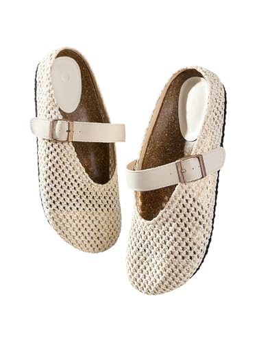 Women's Straw Woven Mary Jane Shoes Dressy Hollow Out Round Closed Toe Ballet Flats Vacation Crochet Shoes