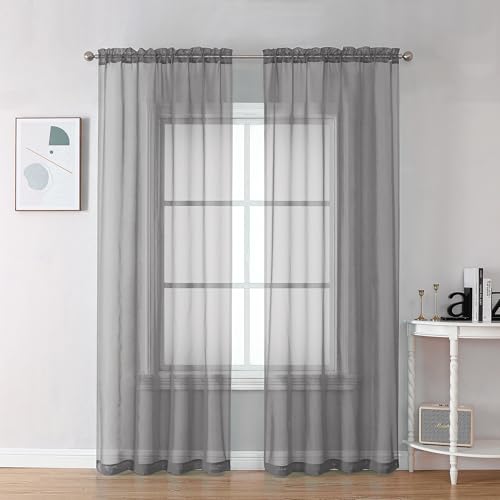 Image of Chyhomenyc Charcoal Grey Sheer Curtains 78 Inches Long 2 Panels Set for Living Room, Light Filtering Voile Lightweight Bedroom Curtains, Rod Pocket Solid Window Treatment Drapes, Each 42W x 78L