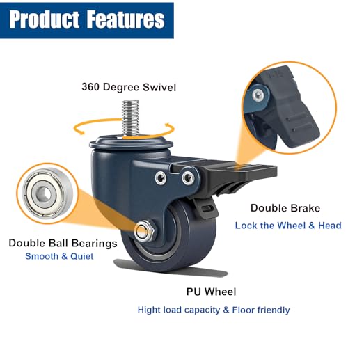 1.6 Inch M8 Stem Caster Wheels, Metric M8-1.25 Threaded Stem Casters Set of 4 Heavy Duty 450LBS Load, Locking Brake Swivel Small Castor Wheels for Furniture Carts Wire Shelving Workbench