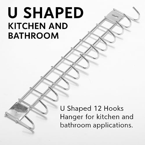 Image of Stainless Steel Kitchen wall Hooks for Hanging with 12 Hooks - Wall Mounted Stand for Spoons, Pans, Ladles & Cooking Tools | Bathroom Hanger, Kitchen Hanging Tools (2 Pcs)