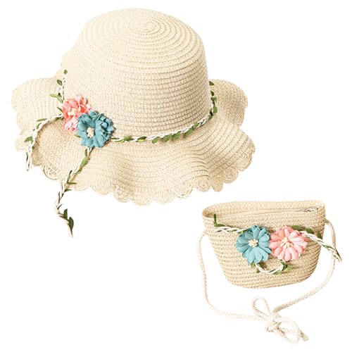 Set de Sombrero y Bolso de Paja Sombrero de Sol y Monedero con decoración de Flores Sombrero de Paja para Primavera Verano Vacaciones Actividades al Aire Libre Viajes Fiestas (Poliéster, Beige)