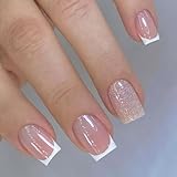 24 Stück kurze, quadratische künstliche Nägel, französischer Glitzer, zum Aufdrücken auf glänzende weiße künstliche ABS Materialien, einfache Anwendung, französische Spitze, zum Aufdrücken auf weißen