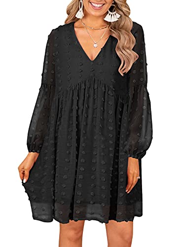 MIHOLL Womens Long Sleeve Dress V Neck Flowy Ruffle Semi Formal Swiss Dot Babydoll Dresses