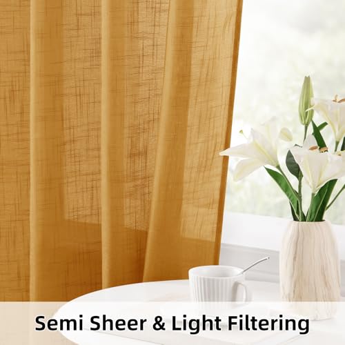 HOMEIDEAS Yellow Linen Textured Sheer Curtains, 96 Inches Long 2 Panels Semi Sheer Curtains Farmhouse Window Drapes for Bedroom Living Room, 2 Panels, W52 x L96 by HOMEIDEAS - Used condition - Image 5