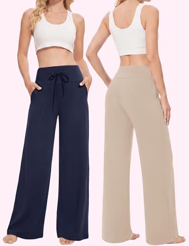 Image of Showitty 1 /3 Pack Women's Wide Leg Pants with Pockets, Casual Loose Pajama Palazzo Trousers Sweatpants for Yoga Lounge
