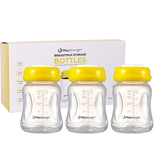 Max Strength Pro Breastmilk Bottles 3pc Set with Leak Proof Lids, 6.oz 180ml Reusable Wide Neck Bottles Best for Breast Milk Collection & Storage Solution, BPA Free, Fits Spectra & Avent Models