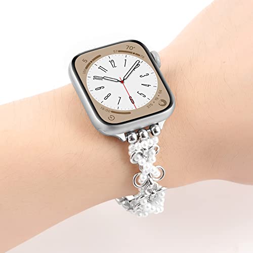 Pearl Beaded Bracelet Band Compatible with Apple Watch 38mm 40mm 41mm 42mm 44mm 45mm for Women,Fashion Handmade Bracelet Elegant Wristband Cute Jewelry Strap for iWatch Series SE 9 8 7 6 5 4 3 2 1 Ultra(38mm/40mm/41mm,White Pearl-Silver) by REALSIGN - Used condition - Image 4