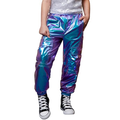 Perfashion Metallic Cargo Pants Size 14-16 for Girls Bule Hip Hop Dance Joggers Sweatpants for Teengirls Disco 80 S by Perfashion - Used condition - US$20.71