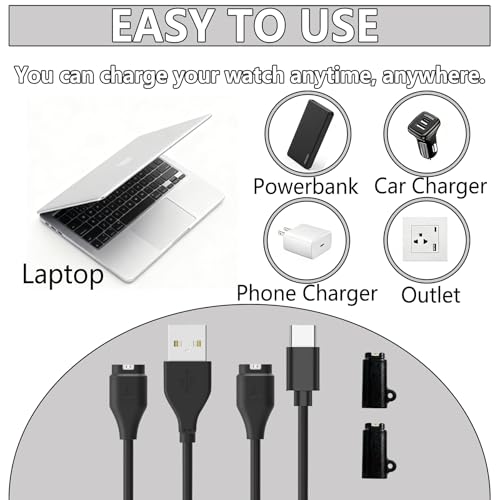Image of 2 Pack for Garmin Watch Charger Cable for Fenix 5 /5S /5X /6 /6S /6X /7 /7S /8, Vivoactive 3 /4 /4S, Instinct, Forerunner 945, 3.3FT USB C and USB Charging Dock Cradle Data Cord with 2Pcs Adapter