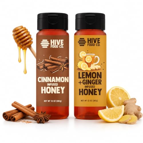 HIVE Food Co. Lemon + Ginger & Cinnamon Infused Honey Bundle, Raw & Unfiltered Honey, Handcrafted in Small Batches, 2 Pack, 12 oz Squeeze Bottles image 2