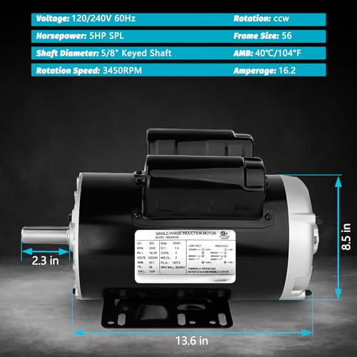 JSTUOKE 5 HP SPL 3450 RPM Air Compressor Electric Motor 60Hz 208-230V 56Frame 5/8" Shaft