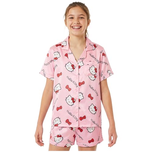 Get Trend Hello Kitty Sanrio Girls Pajama Set, 2 Piece Button Down Shirt & Pj Shorts, Soft Summer Nightwear, Loungewear Gifts (13-14 Years, Pink Hello Kitty)