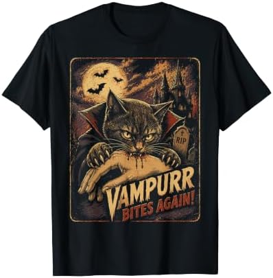 Halloween Comic Cat Vampurr Bites Again Funny Halloween T-Shirt, Men, Black, 3X-Large image 2