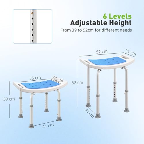 Homcom Sgabello Per Doccia Da Bagno In Lega Di Alluminio E Plastica Antiscivolo, Sgabello Bagno Con Altezza Regolabile 6 Livelli 39-52Cm, Blu - 7