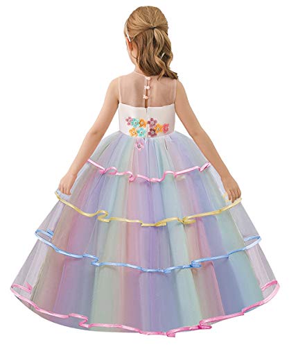 Newepie Girls Unicorn Costume Pageant Princess Birthday Christmas Party Long Maxi Tulle Halloween Fancy Dress W/Headband Multicolored 6-7T #TOP1