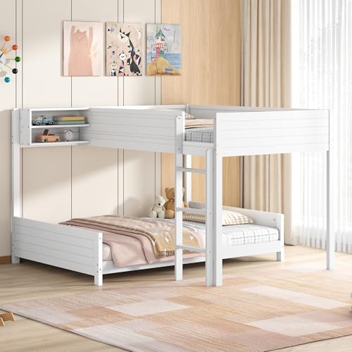 Harper & Bright Designs Full XL Over Full XL Bunk Bed with Built-in Storage Shelf, Wooden Loft Bed Frame with Slat Support and Ladder, No Box Spring Needed, White