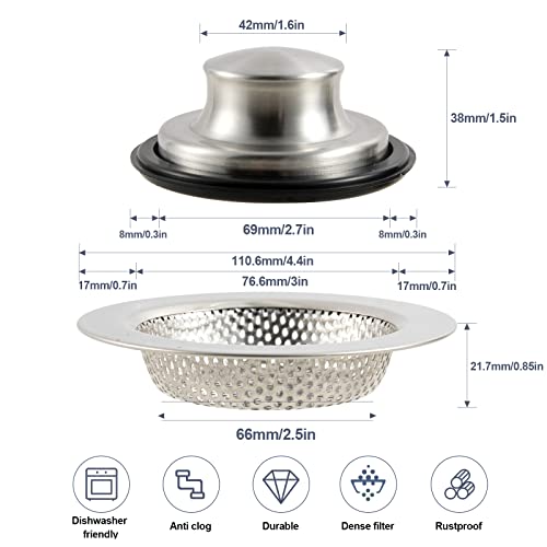 Rqyekdo Polished Kitchen Sink Strainers Sink Stopper Kits, Stainless Steel Sink Drain Strainer Set,Large Wide Rim 4.5" Diameter Food Catcher Garbage Disposal Plug For Most Sink Drains Basket Filter #TOP1