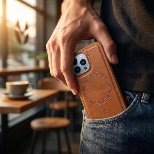 Image of amazon basics Premium PU Leather Case for iPhone 13 Pro, MagSafe Compatible Magnetic Ring, Sleek Protective Back Cover - [Tan]