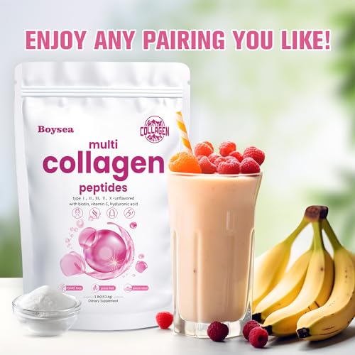 Boysea.Multi-Collagen Peptides Powder - Hydrolyzed Protein Peptide Types I, II, III, V, X with Biotin & Vitamin C, Supports Skin, Hair, Nail, and Joint, Unflavored, Non-GMO, Gluten-Free, Easy Mix 1LB
