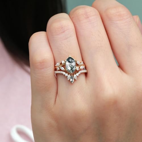 1CT Natural Moss Agate Wedding Ring Set for Women Nature Inspired Twisted Moss Agate Engagement Rings S925/10K/14K/18K Gold Bridal Ring Set for Wife Her2