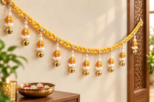 Image of Divyakosh 37 Inch Woolen Toran with Ghungroo & Kaudi (Shells) for Temple & Main Door Entrance, Pink Sacred Thread Handmade Hanging, Entrance for Main Door, Pooja Room Decoration Items
