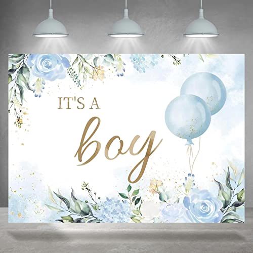 Rsuuinu Boy Backdrop Baby Shower Blue Floral Balloon Leaves Kids Birthday Party Photo Booth Photography Background Baby Boy Theme Baby Shower Backdrops Decorations Banner Supplies 7x5ft