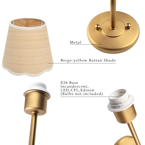 Phansthy Industrial Hardwired Wall Sconce Vintage Farmhouse Wall Light, Boho Brass Finished Wall Lamps with Natural Rattan Woven Lampshade for Bedroom, Living Room (Antique Gold, One-Light 2 Pack) by Phansthy - Image 9