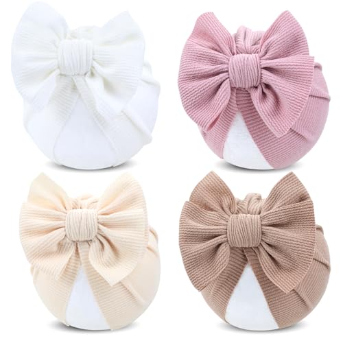 Image of Cinaci 4 Pieces Baby Girls Turban Hats with Bow Newborn Hospital Caps Bonnets Beanies Headwraps for Infants Toddlers