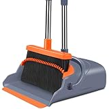 kelamayi Upgrade Broom and Dustpan Set, Self-Cleaning with Dustpan Teeth, Indoor&Outdoor Sweeping, Ideal for Dog Cat Pets Home Use, Stand Up Broom and Dustpan (Gray&Orange)