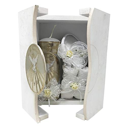 Arcangeles Mexicanos Catholic Baptism Candle Set in a Wooden Box with Towel, Candle, Rosary and Shell for Baby Boys and Girls. Handmade in Mexico - Thumbnail 2