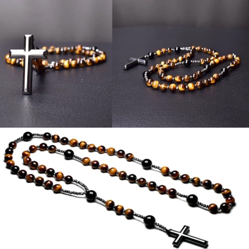 Tiger Eye Necklace and Bracelet Set, Cross Pendant Necklace, Triple Protection Bracelet, Healing Crystal Black Obsidian Tiger Eye and Hematite Beads Jewelry2