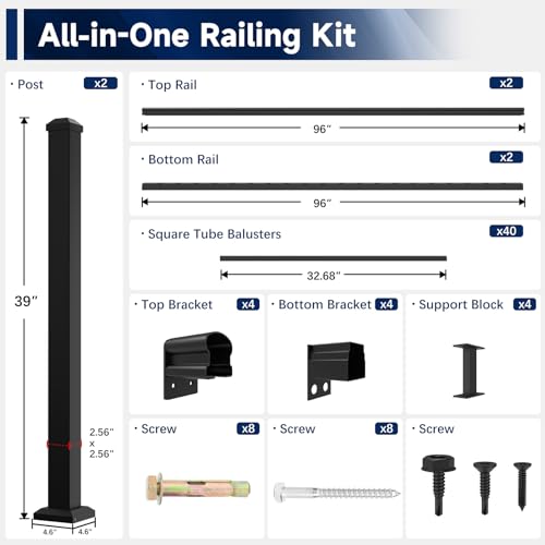 Egadis 36 in. H x 16 ft. W Porch and Deck Railing Kit, Aluminum Railing Kit, Black Textured AAMA 2604 Powder-Coat Finish Rail System for Outdoor Decks, Porches & Balconies (2 Post, 2 Panel)